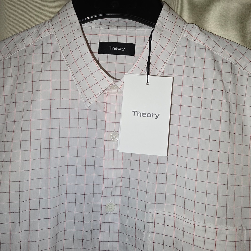 Theory Irving PA SS Stubby Grid White Red Check Short Sleeve Shirt Mens L NWT‎